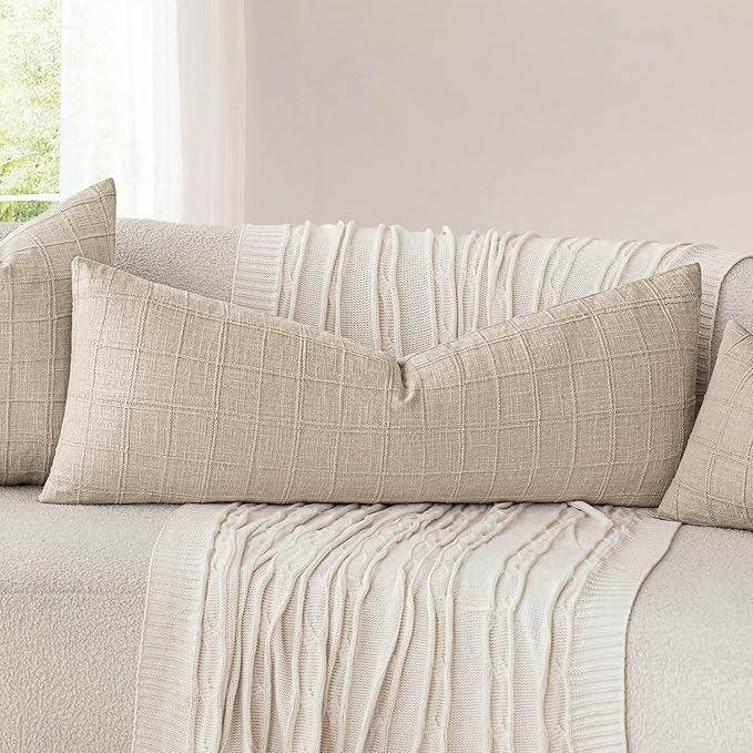 Foindtower Set of 2 Decorative Linen Check Throw Pillow Covers Neutral Long - Image 5