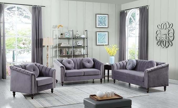 Sectional Sofa Set, Microfiber Chesterfield Upholstered Sofas Loveseat Couch by Unknown