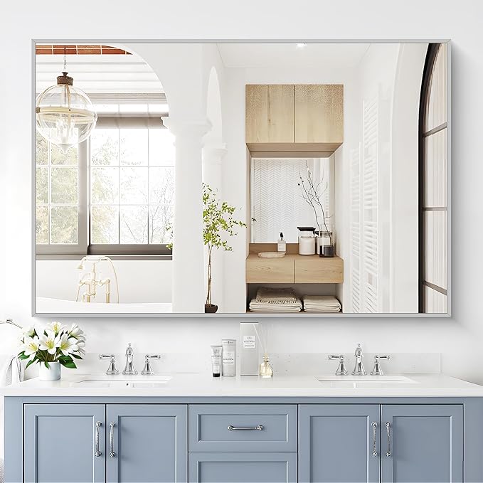 40x60inch Silver Bathroom Mirror, Large Rectangular Wall Mirrors by Welcometocofeny