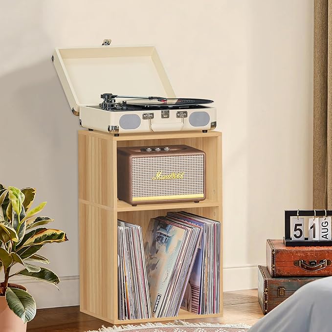 LEYAOYAO 2 Cube Bookshelf, Natural Record Player Stand Holds up to 100 Albums - Image 7