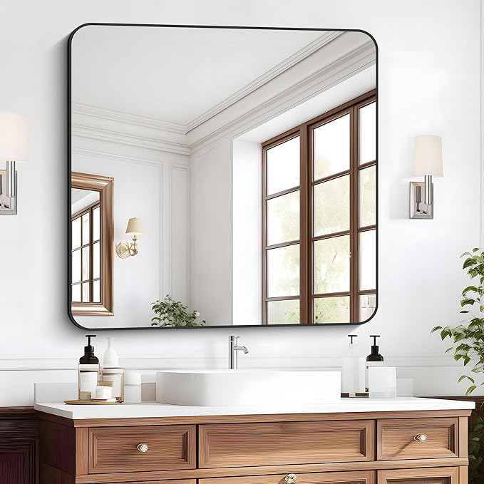 Bathroom Mirror, 42x42 inch Black Square Wall Mirror, Rounded Corner Aluminum - Image 6