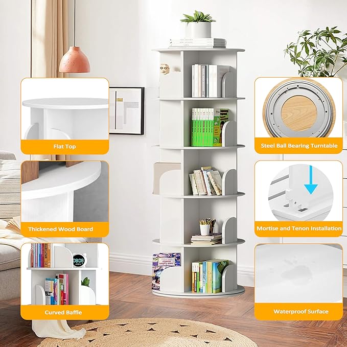 5 Tier Rotating Bookshelf Tower, 360 Display Wood Spinning Bookshelf Tower - Image 3