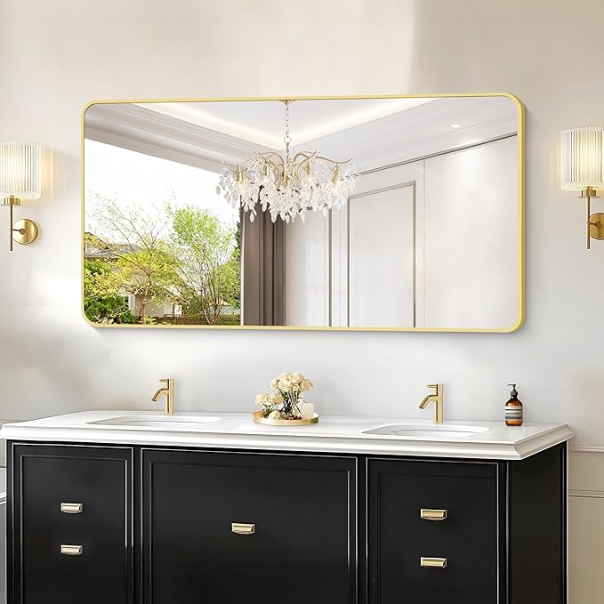 55x30 Inch Gold Bathroom Mirror, Metal Framed Gold Rectangle Mirrors, Rounded - Image 2
