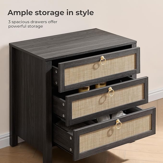 SICOTAS Night Stand with Drawers, Large Rattan Bedside Table with Golden Handle - Image 3