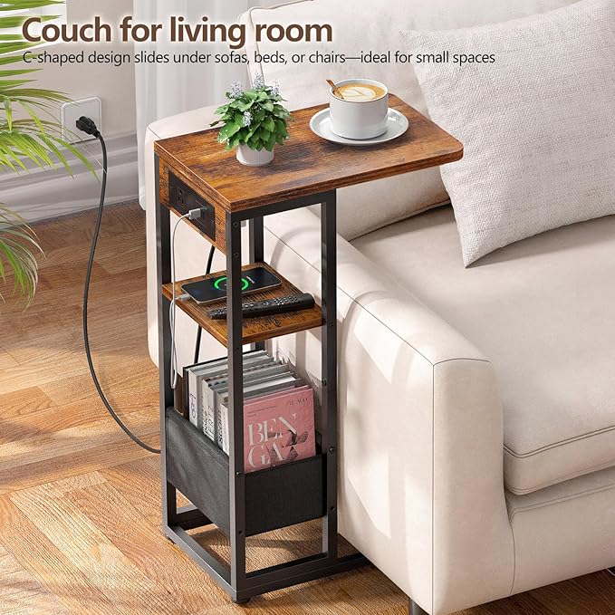 C Shaped End Table with Charging Station, Small Side Table - Image 4