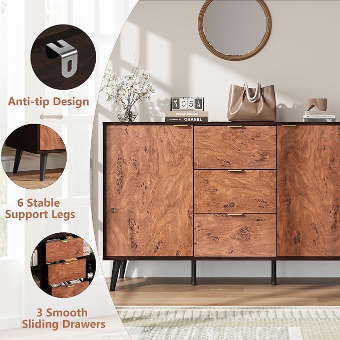 GarveeHome Buffet Cabinet with Drawers, 51.2'' Large Sideboard Buffet Credenza - Image 7