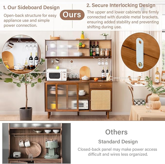 Tiita Kitchen Hutch with Countertop, 69” Rattan Solid Wood Pantry Cabinet with - Image 5
