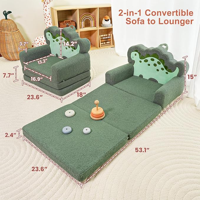 TinyPalsa Kids Couch, Convertible Sofa to Lounger Fold Out, Gift - Image 2