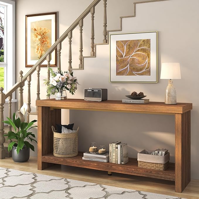 63 Inches Narrow Console Table, 2-Tier Long Sofa Tables Behind Couch Table - Image 2