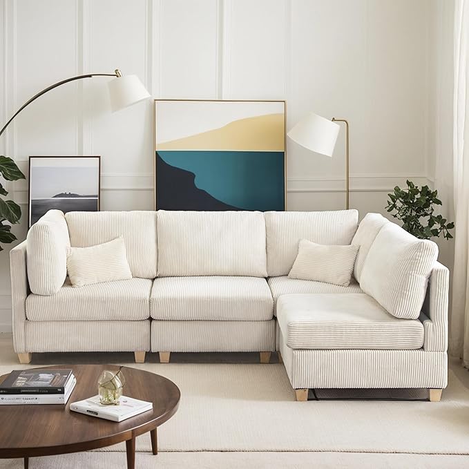 126" Convertible L-Shaped Modular Sectional Sofa, 4 Seater Corduroy Upholstered - Image 3