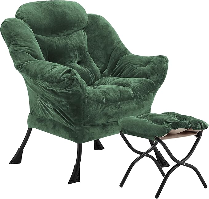 Lazy Chair with Folding Ottoman, Accent Chair Plush Upholstered with Metal by Youtanic