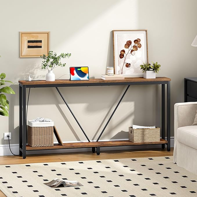 HOOBRO 63" Console Table with Charging Station, 2-Tier Extra Long Sofa Table - Image 7