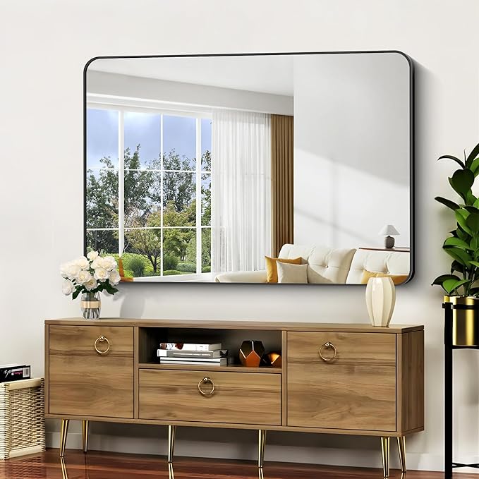 Bathroom Mirror, 48x36 inch Black Rectangle Wall Mirror, Metal Frame Rounded - Image 2