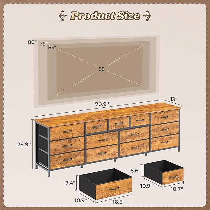 Huuger 70 Inch Dresser for Bedroom, TV Stand for 65, 80 Inch TV, 13 Fabric - Image 3