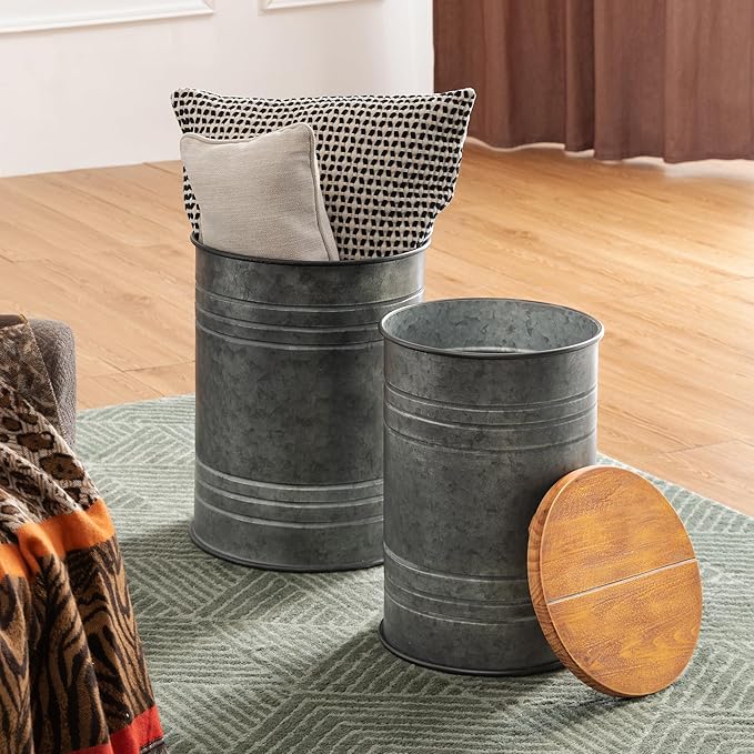 Glitzhome Farmhouse Accent Side Table, Metal Storage Stool Ottoman - Image 5