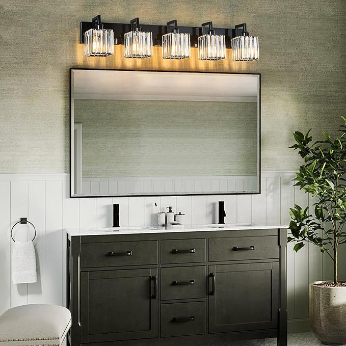 Modern Bathroom Vanity Light 5-Lights Plating Black Vanity Light Crystal Wall - Image 3
