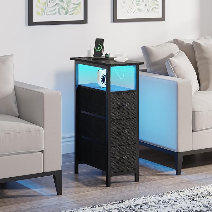 End Table with Charging Station, Narrow Side Table with 3 Fabric Drawers - Image 8