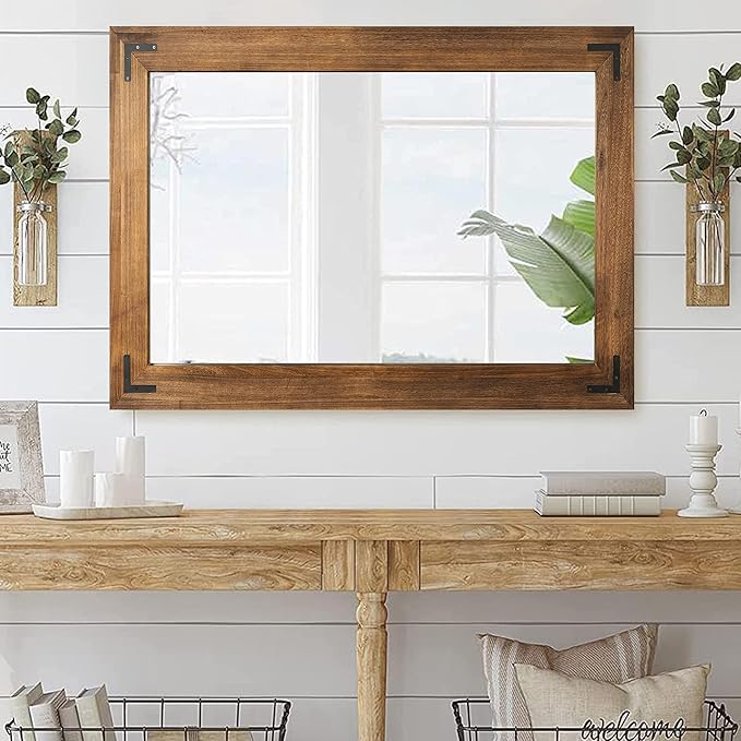 YOSHOOT Rustic Wooden Framed Wall Mirror, Natural Wood Bathroom Vanity Mirror - Image 6