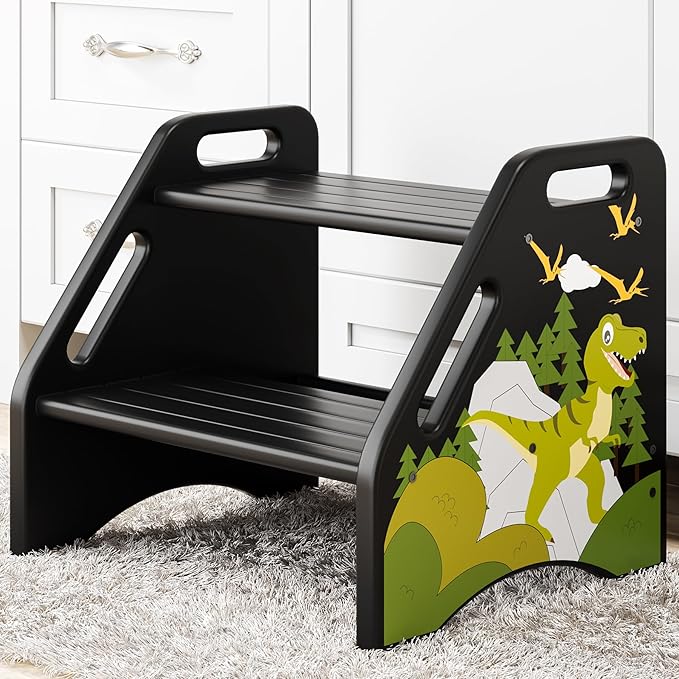 AMBIRD Toddler Step Stool, Dinosaur Wooden Two Step Stool by AMBIRD