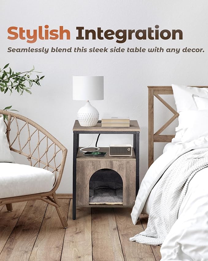 Cat End Table with Charging Station, Indoor Cat House Side Table with Bed - Image 3