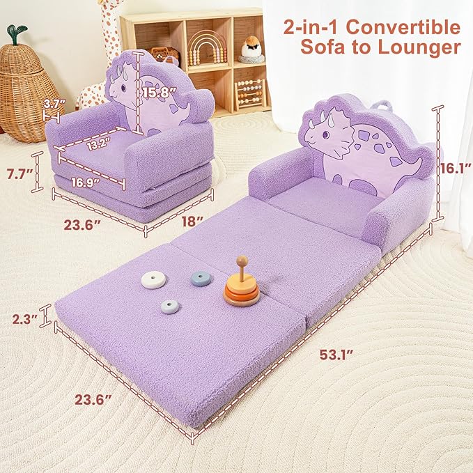 TinyPalsa Kids Couch, Convertible Sofa to Lounger Fold Out, Gift - Image 2
