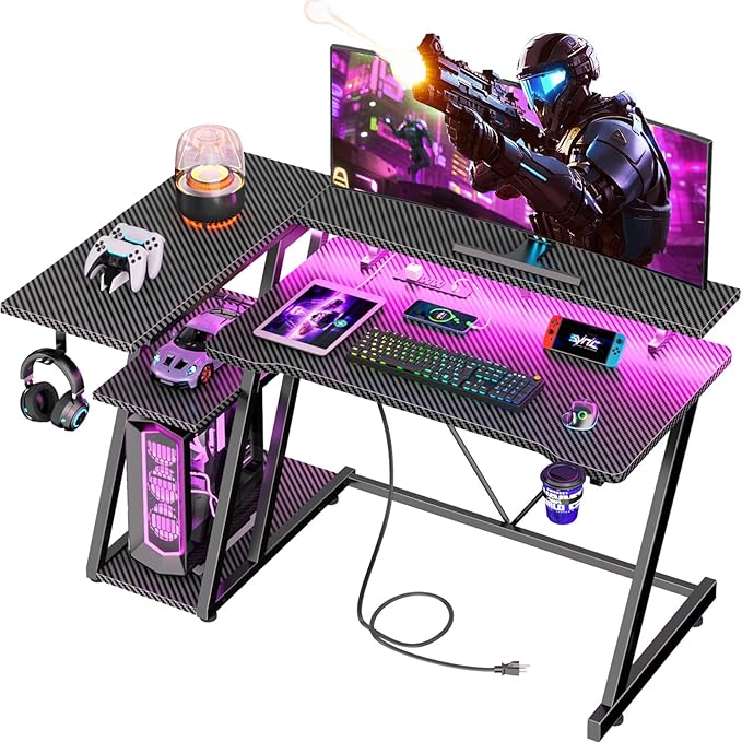 40 Inch Gaming Desk with Power Outlet & LED Lights, L Shaped Computer Gaming by Korfile