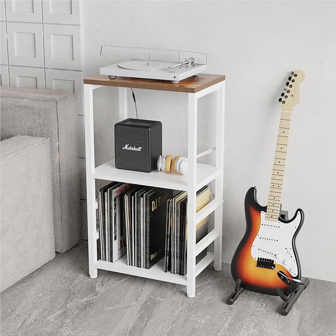End Table with LED Light, Record Player Stand with Albums Storage, Vinyl - Image 2