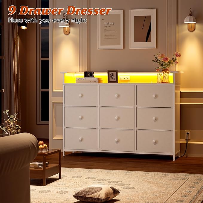 Nicehill 9 Drawer Dresser for Bedroom, Led Light White Dresser, TV Stand for - Image 2