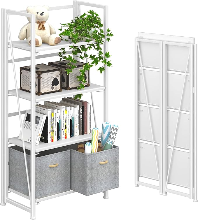 4NM No-Assembly Folding Bookshelf Storage Shelves 4 Tiers Vintage Bookcase by 4NM