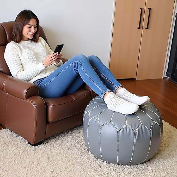 Stuffed Round Design Moroccan Leather Pouf Ottoman, Pre-Filled, 100% Genuine - Image 2