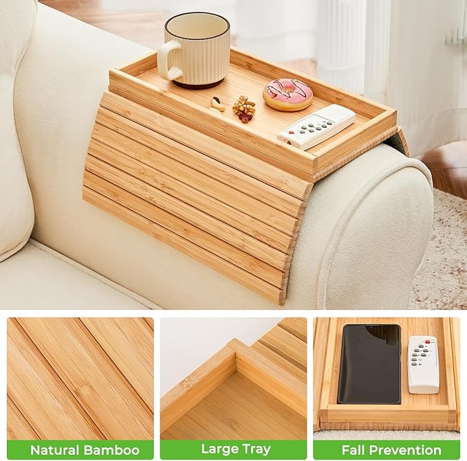 Bamboo Sofa Arm Tray, Anti Falling Couch Arm Tray Table, Foldable Couch Armrest - Image 7