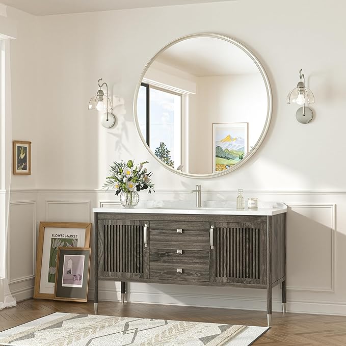 TokeShimi 36 in Round Brushed Nickel Mirror Tempered, Round Mirror Framed - Image 8