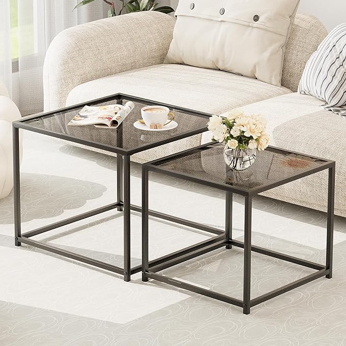 Garden 4 you Coffee Table Set of 2, Modern Glass Nesting Table, Metal Frame by Garden4you