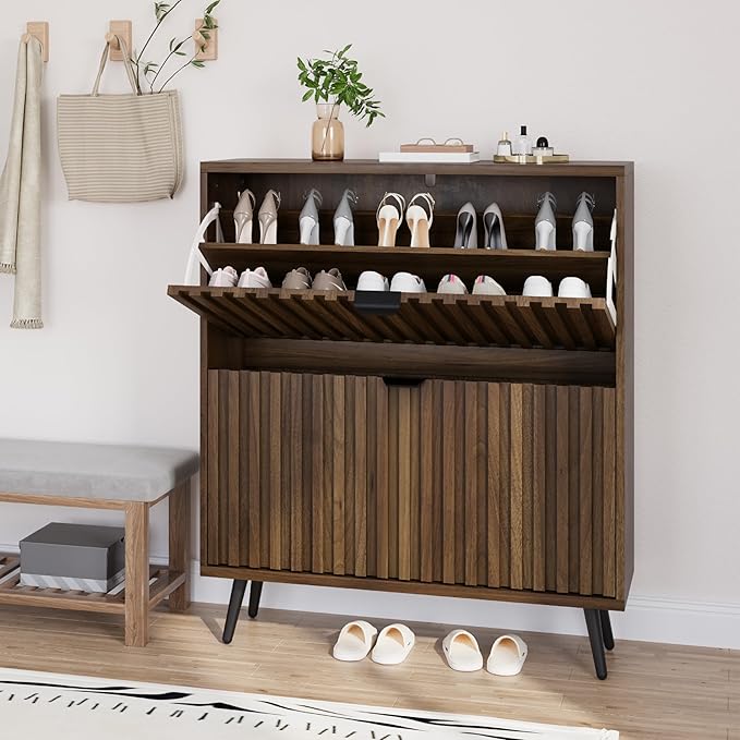Smuxee Shoe Cabinet with 2 Flip Drawers, 31.5" Walnut Hidden Shoe Storage - Image 8