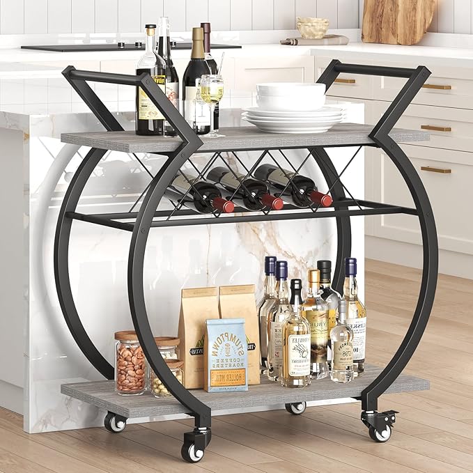 LVB Bar Cart with Wine Rack, 2 Tier Farmhouse Kitchen Cart on Wheels, Modern - Image 6