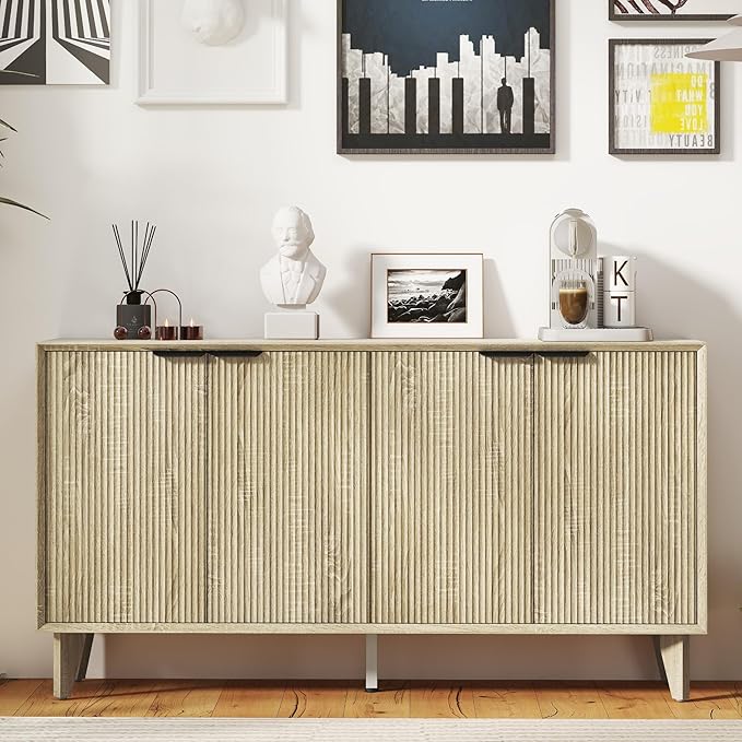 Fluted Cabinet with Storage, Buffet Storage with 4 Doors, Buffet Sideborad by Otterease