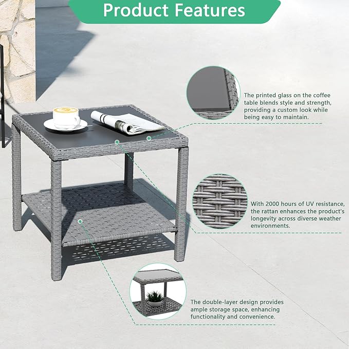 Helios&Hestia Square All Weather Rattan Wicker Outdoor Coffee Side End Table - Image 3