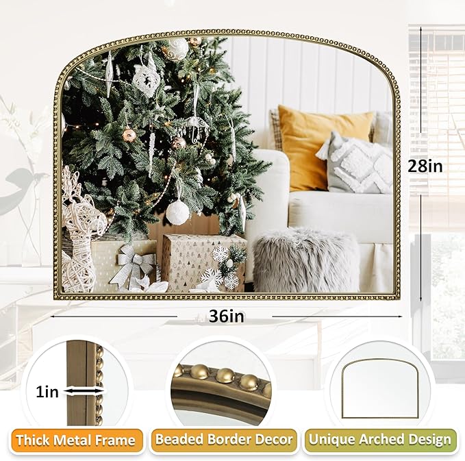 36"X28" Arched Wall Mirror for Fireplace Mantel, Vintage Gold Metal Beaded - Image 2
