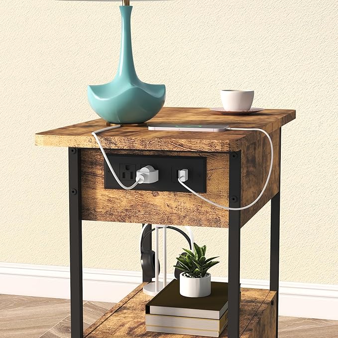 SOOWERY End Table with Charging Station, Narrow Side Table with Flip Top - Image 5