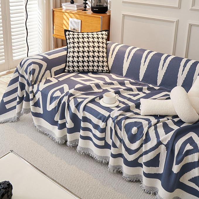 STACYPIK Jacquard Blue Geometric Sofa Cover Thick Soft Boho Couch Covers - Image 7