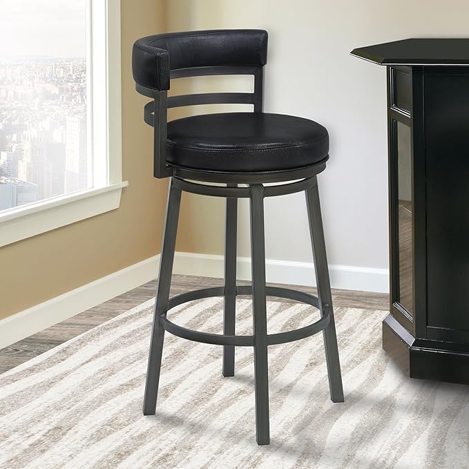 Armen Living Madrid 26" Counter Height Swivel Barstool in Ford Black Faux - Image 2