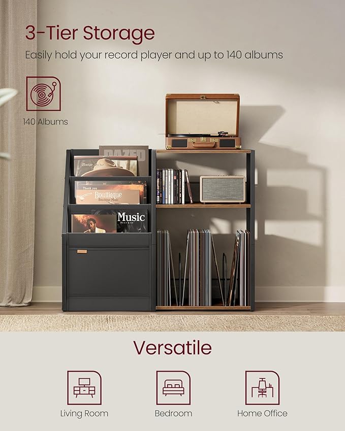 VASAGLE Record Player Stand, 3-Tier Side Table, Vinyl Record Storage up to 140 - Image 3