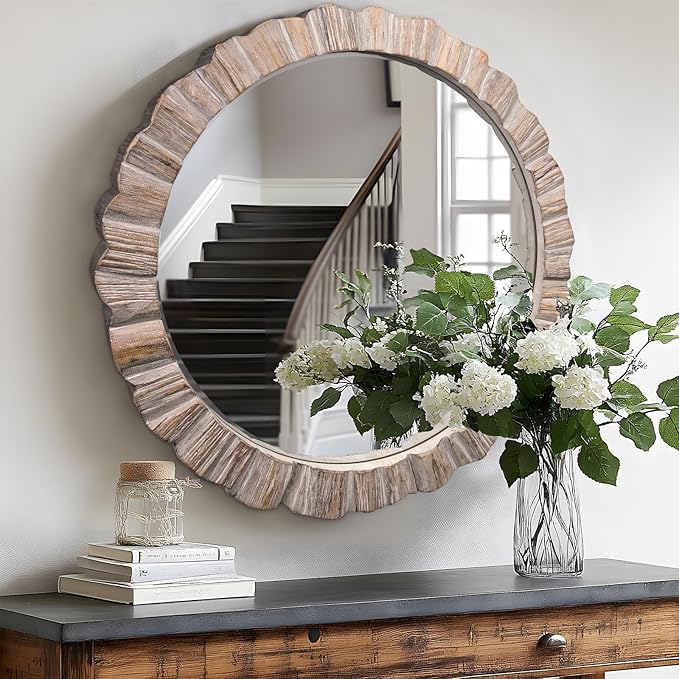 35" Wood Round Mirror, Rustic Wall Mirror - Image 6