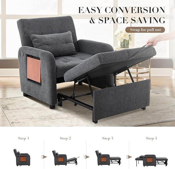 Convertible Sleeper Chair-Fabric Futon Sofa Bed, Single Sleeper Sofa, Small - Image 6