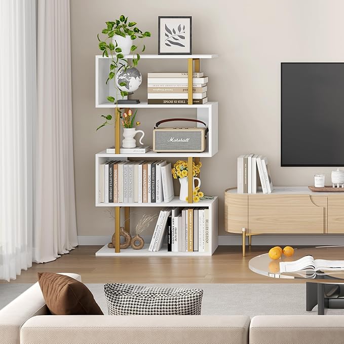 Yusong Geometric Bookcase, S Shaped Bookshelf 4-Tier Book Shelves - Image 8