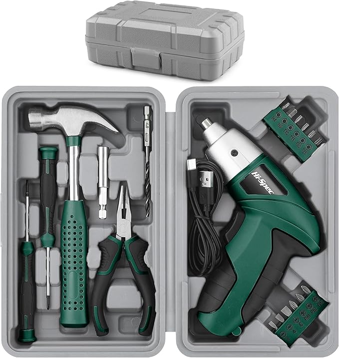 Hi-Spec 19pc 3.6V Green USB Small Power Screwdriver & Home DIY Tool Kit Set. by Hi-SpecToolsUSA