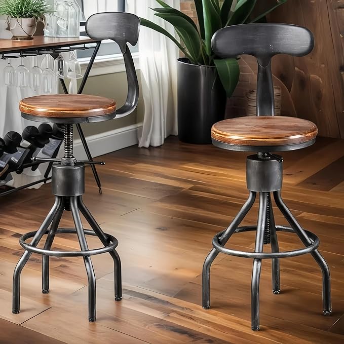LOKKHAN Set of 2 Rustic Industrial Bar Stool-24-30 Adjustable Metal Swivel - Image 2