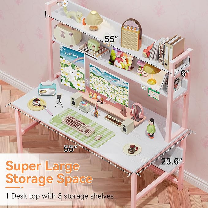 Aquzee Pink Desk with Hutch for Girls, 55in Computer Desk with Bookshelf for - Image 4