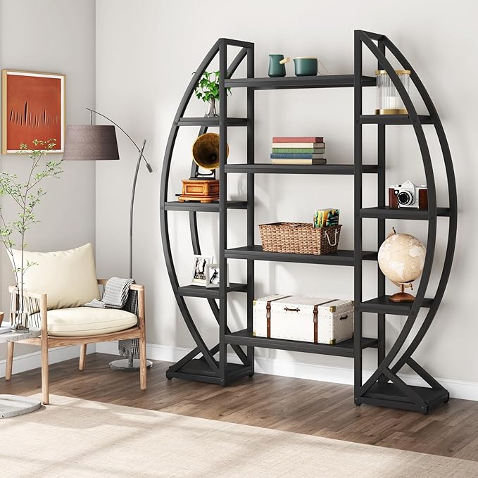 Tribesigns Oval Bookshelf, Triple Wide 5 Tiers Etagere Bookcases, Industrial - Image 3