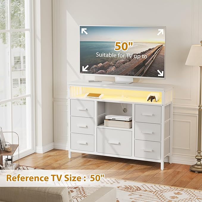 7 Drawer Dresser TV Stand with Power Outlets and LED Lights, Entertainment - Image 2